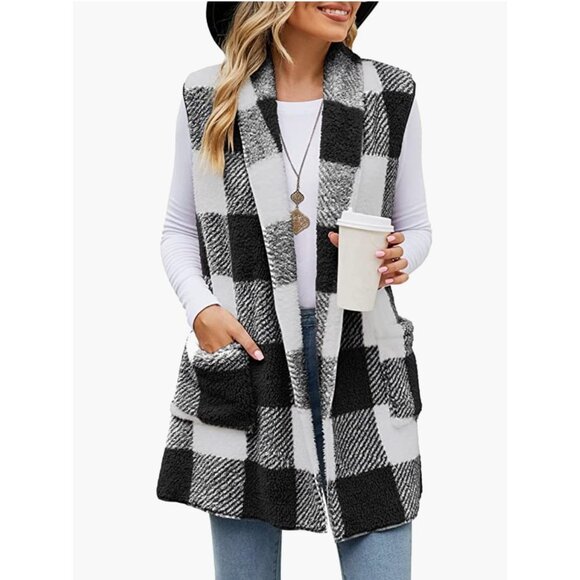 Black Plaid Print Faux Fur Oversized Open Front Sleeveless Vest Cardigan Sweater - Picture 5 of 6